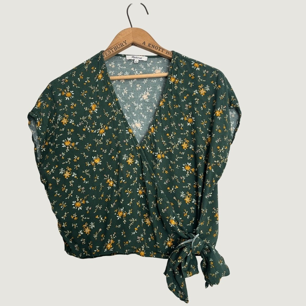 Madewell Women Green Ditzy Floral Faux Wrap Side Tie V-Neck Blouse Top Size L